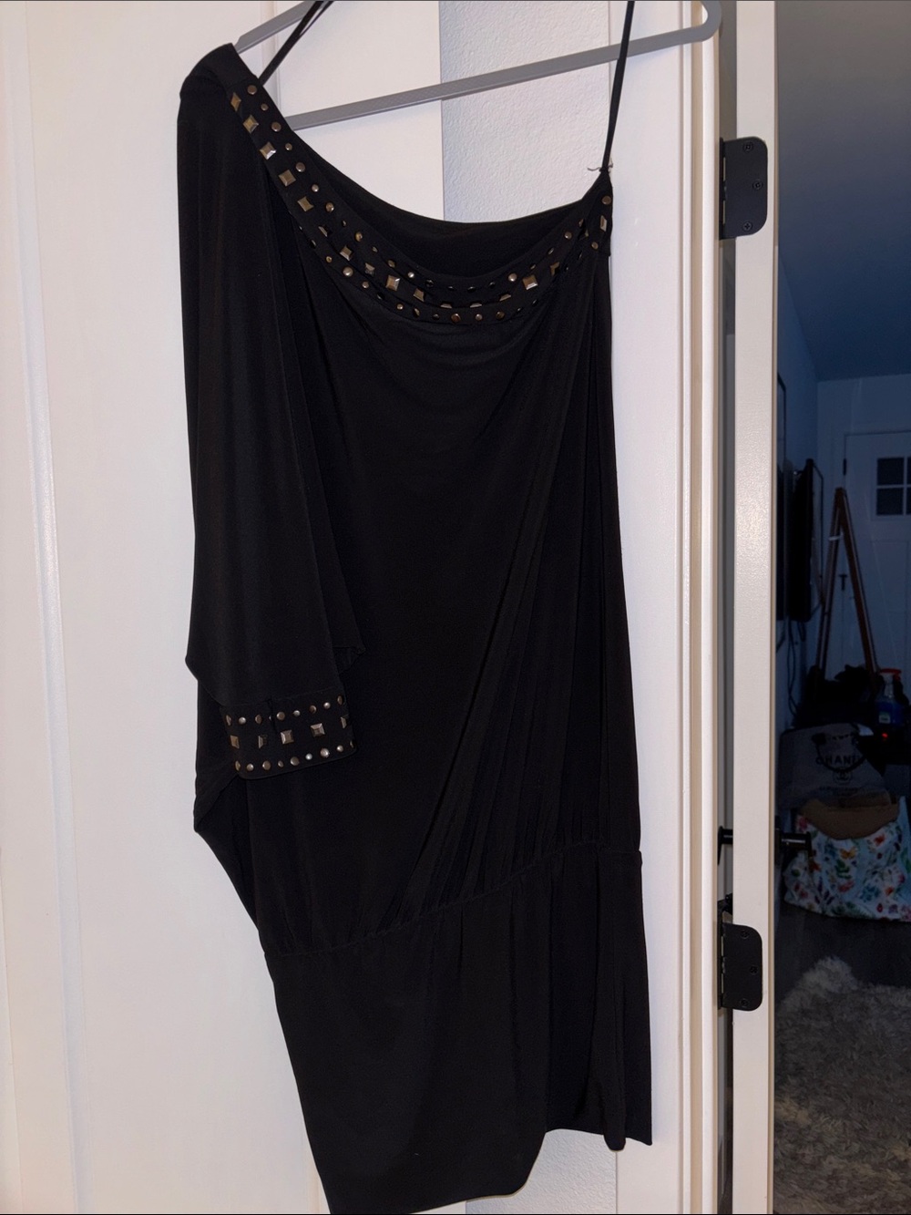 Windsor Black One-Shoulder Dress with Gold Studs